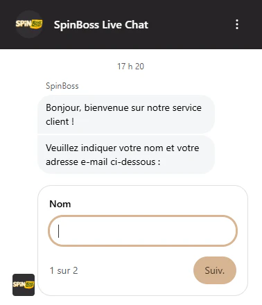 Chat en direct SpinBoss avec assistance du service client en français