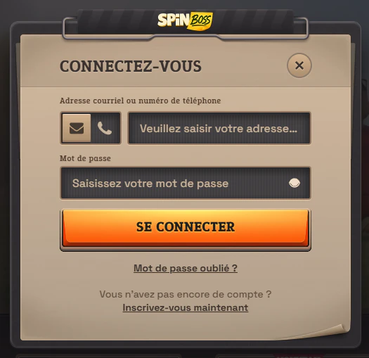 Formulaire de connexion SpinBoss avec adresse e-mail et mot de passe
