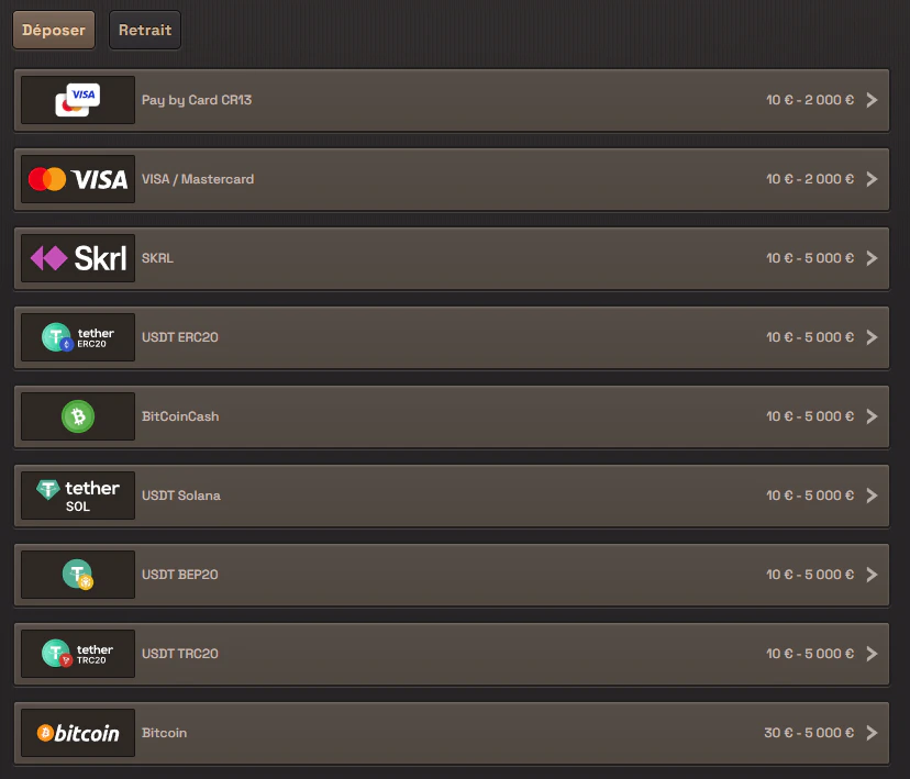 Méthodes de dépôt SpinBoss avec cartes bancaires, Skrill et cryptomonnaies